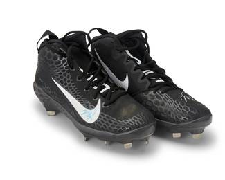 2044
Mike Trout Nike Zoom Autographed Baseball Cleats
A pair of black cleats with white accents and "Trout" to each tongue, with signature in silver metallic ink to left shoe, and in blue ink to right shoe
2 pieces
Size: 10
Accompanied by two letters of Authenticity issued by Beckett Authentication Services, Dallas, TX, numbered: AA46160 & AA46161, with matching label attached to each shoe.
Estimate: $500 - $700
