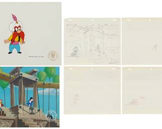 2114
Two hand-painted animation cels and four graphite sketches from Warner Bros. Inc. and The Walt Disney Company
Six works:
Friz Freleng (1905-1995)
Yosemite Sam, 1982
Hand-painted animation cel
Signed lower left: Friz Freleng; with the Warner Bros. Inc. copyright and date in ink, and the gold Warner Bros. Inc. authentication seal, all lower right: 1982
Sight: 9.25" H x 11.75" W
Tokyo Movie Company, circa 1987
Scrooge McDuck and Launchpad McQuack
Hand-painted animation cel, together with four preliminary sketches in graphite and ink on Tokyo Movie Company (TMS Entertainment) animation paper
Signed indistinctly in ink and with the silver Walt Disney certification seal lower right
Sight: 8" H x 10" W; Sheet of each sketch: 9.25" H x 10.75" W
Estimate: $300 - $500
