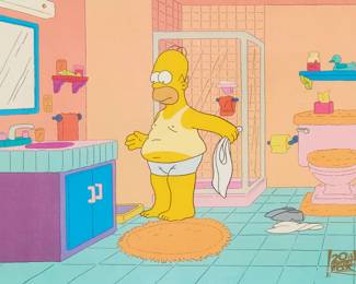 2094
Hand-painted animation cel from The Simpsons, episode "Brush with Greatness"
Homer Simpson
Hand-painted animation cel
Appears unsigned; with the official Twentieth Century Fox gold seal of authenticity lower right
Sight: 8.75" H x 11.875" W
Estimate: $300 - $500