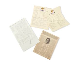 2028
A Group of 1980s Signed Lakers Game Notes and Game Program
Circa 1983
Four works:
Two seven-page stapled compilations of Lakers Game Notes, one dated February 15, 1983 (Lakers vs. Spurs), signed by George Gervin, and one dated March 27, 1983 (Lakers vs. Rockets), signed by Elgin Baylor and Oscar "Big O" Robertson
Each: 11" H x 8.5" W
A single page NBA Official Scorer's Report dated March 16, 1983 (Lakers vs. Phoenix Suns), signed by James Worthy
14" H x 8.5" W
A copy of "Tonight's Game" Lakers vs. Spurs official program by Nick Pecarich, Vol. 10, No. 34, dated March 25, 1983, and signed by Artis Gilmore
11" H x 8.125" W
4 pieces total
Estimate: $100 - $200