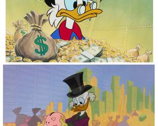 2095
Two animation cels from the Walt Disney television series "DuckTales"
Two works:
Carl Barks (1901-2000)
Scrooge McDuck in a bank vault
Hand-painted animation cel
Signed in the upper right quadrant: Carl Barks; with the silver Walt Disney certification seal lower left
Sight: 10" H x 13" W
"Money in the Bank"
Sericel in colors on paper
From the edition of 5000
Appears unsigned; with the printed sericel certification from Walt Disney and edition number in the lower right corner; titled on the certificate of authenticity
Sight: 9.25" H x 12" W
Estimate: $300 - $500