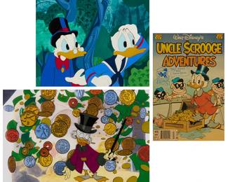 2099
Two hand-painted animation cels from the Walt Disney television series "DuckTales" and an "Uncle Scrooge Adventures" comic book
Three works:
Scrooge McDuck and Donald Duck
Hand-painted animation cel
Appears unsigned
Sight: 8.125" H x 10" W
Scrooge McDuck surrounded by coins
Hand-painted animation cel
Appears unsigned
Sight: 9" H x 13.625" W
A comic book of Walt Disney's "Uncle Scrooge Adventures" from April 1945, signed in blue ink by Disney animator and "Duck Artist" Patrick Block
Sight: 9.5" H x 6.5" W
Estimate: $300 - $500