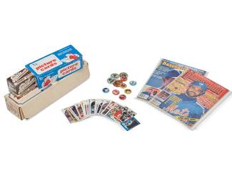 2054
A Large Collection of Baseball Cards and Ephemera
Circa 1970s-1990s
Comprising a myriad of baseball cards of various teams, held in approximately 190 boxes of various sizes, some branded, some marked by year, as well as in four ring binders and approximately 200 plastic pages with card sleeves, together with various loose cards, some with plastic sleeves, as well as a "Sports Collectors Digest Baseball Card Price Guide", November 1989, no. 48513, and "Baseball Cards" magazine, December 1989, no. 48512, a copy of "The Complete Book of Baseball Cards" by Steve Clark, 1982, as well as ten player pins/badges including Dwight Gooden, Orel Hershiser, Tony Gwynn, Jim Rice, Pete Rose, Alvin Davis, Juan Samuel, Jeffrey Leonard, Carmelo Martinez, and Bret Saberhagen
200+ pieces including boxes, binders and pages, pins, and books (cards not counted)
Largest card box: 7" H x 12" W x 9.5" D; smallest: 2.625" H x 3.625" W x 2.375" D
Estimate: $500 - $700