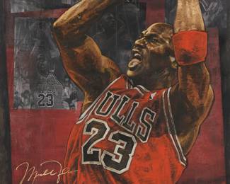 2040
Stephen Holland
(b. 1941)
"Michael Jordan," 2006
Oil and collage on board
Signed by the artist upper left: Stephen Holland; signed by Michael Jordan in gold metallic near the lower left: Michael Jordan
66" H x 42.5" W
Estimate: $4,000 - $6,000