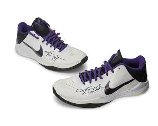 2015
Kobe Bryant Lakers 2009-2010 Game Worn Home Autographed Nike Zoom Kobe V Shoes
A pair of Nike Promo Sample shoes in patterned white leather with black and purple accents and with embedded signature to heel, each with "24" and signature in black ink to sides
2 pieces
Size: M 14 #
Accompanied by a Letter of Authenticity from Dan Ceniceros, D.C. Sports Collectibles, Los Angeles, CA
Estimate: $2,000 - $3,000
