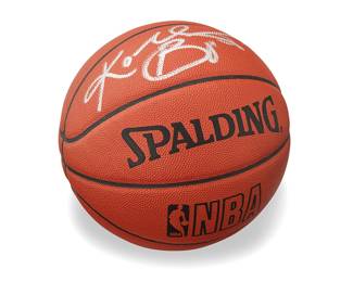 2035
Kobe Bryant Autographed Spalding Basketball
The NBA "Official Game Ball" with signature in silver metallic ink, with a custom display case
9.5" Dia. approximately
The ball accompanied by a Certificate of Authenticity from JSA/James Spence Authentication. No. ZZ67247.
Estimate: $1,500 - $2,000