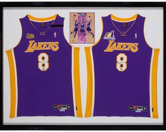 2003
Kobe Bryant Lakers 1999-2000 Finals and Championship Framed Jerseys
Comprising two signed purple jerseys, including a 1999-2000 autographed NBA jersey with Finals patch, Edition 108/108, with tag to front: BAG60341, and a 1999-2000 autographed NBA purple jersey with Championship patch, Edition 2/88, with tag to front: BAG72428, as well an accompanying photograph, all professionally mounted and framed under plexiglas, and with two original Upper Deck boxes
3 pieces
Each: Size 46, length + 4
Finals jersey accompanied by a Certificate of Authenticity issued by Upper Deck Authenticated, numbered BAG 60341, with matching holographic tags to item.
Championship jersey accompanied by a Certificate of Authenticity issued by Upper Deck Authenticated, numbered BAG 72428, with matching holographic tags to item.
Estimate: $3,500 - $5,000