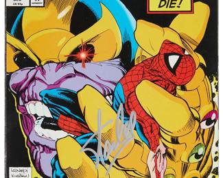 2100
Spider-Man #17 [Direct] (Marvel Comics, December 1991) Signed by Stan Lee
A single issue comic, entitled: "At The Hands of Thanos! The Death of...Spider-man," part of 30th Anniversary of The Fantastic Four 1961-1991; with autograph to cover by Stan Lee in silver metallic ink, with authentication number 140805
Comic: 10.25" H x 6.75" W

Accompanied by a Certificate of Authenticity issued by Heritage Authentication, no. 140805, with matching holographic tag to cover
Estimate: $300 - $500