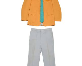 2058
1984 Los Angeles Olympics Official Staff Uniform Men's Ensemble
Each with Levi's 1984 Olympics Official label
Comprising three Levi's official uniform items including an orange sport jacket blazer with "XXIII Olympiad Los Angeles 1984" embroidered patch to side front, fully lined, with two front flap pockets (Size 44 L), together with a cream cotton-mix tattersall check short sleeved shirt (Illegible size tag; collar: 16 3/4") and a pair of pale grey sports slacks (No size tag; waist: 37.5"; inseam: 33"), as well as two Castle teal green neckties (Each: 55" L x 3"W)
5 pieces
Estimate: $50 - $100
