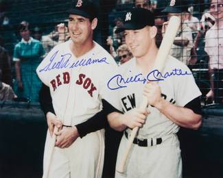 2046
A signed photograph featuring baseball players Ted Williams (1981-2002) of the Boston Red Sox and Mickey Mantle (1931-1995) of the New York Yankees
Signed in blue ink by Ted Williams and Mickey Mantle
Sight: 7.75" H x 9.875" W
Estimate: $300 - $500