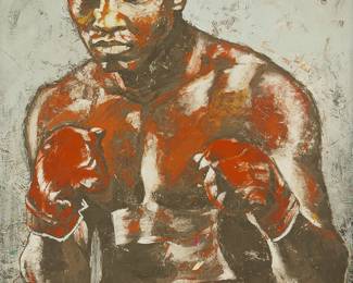 2074
Stephen Holland
(b. 1941)
"The Greatest of All Time"
Giclee in colors on canvas
Edition: 57/300
Signed and numbered in gold by the artist lower left: Stephen Holland; signed by Muhammad Ali in the upper right quadrant: Muhammad Ali; titled on the certificate of authenticity
42" H x 28" W
Estimate: $800 - $1,200