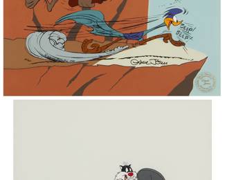 2115
Two hand-painted animation cels from the Warner Bros. television series "Looney Tunes"
Two works:
Chuck Jones (1912-2002)
Wile E. Coyote and the Road Runner, 1988
Hand-painted animation cel
Edition: 39/300
Signed in ink lower right: Chuck Jones; numbered and with the Warner Bros. Inc. copyright and date in ink, lower left; with the gold Linda Jones authentication seal lower right
Sight: 12.75" H x 15.75" W
Friz Freleng (1905-1995)
Sylvester the Cat, 1982
Hand-painted animation cel
Signed in ink lower left: Friz Freleng; with the Warner Bros. Inc. copyright and date in ink, and the gold Warner Bros. Inc. authentication seal, all lower right: 1982
Sight: 9.5" H x 12" W
Estimate: $300 - $500