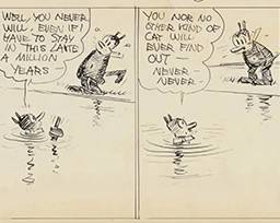 2083
George Joseph Herriman
(1880-1944)
One four-frame comic strip drawing for the "Krazy Kat" series
India ink on paper
Signed along the lower edge of the fourth frame: Herriman; inscribed "12" in the lower left corner of the first frame; a small portion of a circular blindstamp showing in the upper left margin corner, just below the mat's window opening, with the only letters visible: WING BO
Image overall: 5.25" H x 22" W; Sight: 5.5" H x 22.25" W
Estimate: $700 - $900