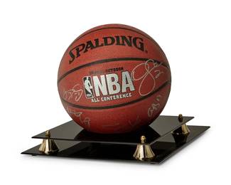 2039
Lakers Team Autographed Spalding Basketball
The NBA All-Conference ball with multiple signatures in silver metallic ink, with a custom display case
9.5" Dia. approximately
The ball accompanied by a Certificate of Authenticity from JSA/James Spence Authentication. No. ZZ67245.
Estimate: $2,500 - $3,500