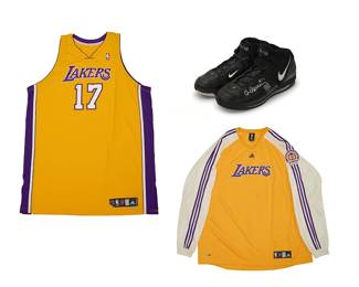2007
Andrew Bynum Lakers 17 2006-2007 Game Worn Home Jersey, Warm-up Shirt & Signed Nike Shoes
Three works comprising a yellow Bynum Adidas sleeveless jersey, together with a Lakers yellow long-sleeved shirt, with Minneapolis/Los Angeles 60th Anniversary logo patch to sleeve, numbered for player 17, and a pair of black Nike Elite AirMax shoes, each shoe autographed in silver Sharpie
4 pieces
Jersey: Size 58 + 2 length; Shirt: Size 4 XL Tall; Shoes: Size 18
Jersey and shoes accompanied by a Letter of Authenticity from Dan Ceniceros, D.C. Sports Collectibles, Los Angeles, CA
Estimate: $200 - $400