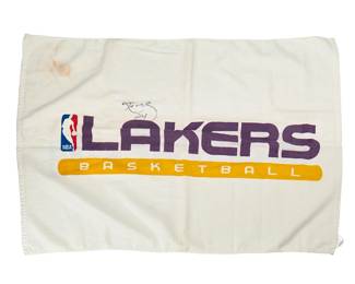 2026
Kobe Bryant Autographed White Lakers Bench Towel
The NBA Lakers two-sided terry/velour cotton towel with purple and gold logo lettering, signed in black ink to front, with authenticity tag to fabric care label
24.5" H x 35" W
With Ace Vintage Authenticity tag no A30329 attached to care label, issued by Autograph Certification Experts, Villa Park, CA.
Estimate: $1,000 - $1,500