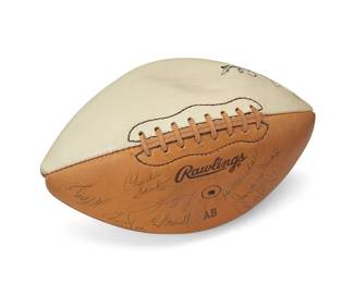 2060
1968 NFL Pro-Bowlers Multi-signed Football
The Rawlings AB two-toned football with thirty-one signatures in various inks, including Deacon Jones, Lem Barney, Alan Page, Carl Eller, Tom Mack, Merlin Olsen, George Allen, Bill Brown, Carroll Dale, Bruce Gossett, Willie Richardson, Maxie Baughan, Joe Scibelli (2x), Kermit Alexander, Fred Miller (2x), Charlie Cowan, Roman Gabriel, Bob Boyd, Mike Curtis, Ken Willard, Mick Tingelhoff, Tom Smith, Charlie Sanders, Earl Morrall, Howard Mudd (2x), Jim Marshall, and two others
6.5" H x 11.5" W approximately
Accompanied by a letter of Authenticity issued by Beckett Authentication Services, Plano, TX, February, 2023, numbered: AC01338
Estimate: $300 - $500