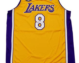 2001
Kobe Bryant Lakers 2000-2001 Back 2 Back Autographed Embroidered Yellow Jersey
Edition 39/108
The yellow and purple Nike jersey with signature and number to front in black ink, with Upper Deck box
2 pieces
Size 46, length +4
Accompanied by a Certificate of Authenticity issued by Upper Deck Authenticated, numbered BAH 49097, with matching holographic tag to item
Estimate: $1,500 - $2,000