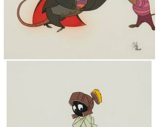 2113
Two hand-painted animation cels from The Walt Disney Company and Warner Bros. Inc.
Two works:
"Ratigan & Thug"
Hand-painted animation cel
Signed indistinctly in ink and with the faded silver Walt Disney certification seal lower right; titled on a label affixed to the frame's backing board
Sight: 10" H x 14" W
Chuck Jones (1912-2002)
Marvin the Martian, 1980
Hand-painted animation cel
Signed in ink lower right: Chuck Jones; with the Warner Bros. Inc. copyright and date in ink and the gold Linda Jones authentication seal, all lower left
Sight: 9.5" H x 12" W
Estimate: $300 - $500