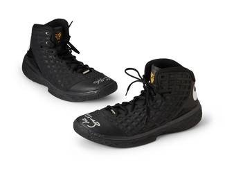 2012
Kobe Bryant Lakers 2007-2008 Autographed Team Issued Road Nike Zoom Kobe III Shoes
The shoes in black leather and composite mesh, each with "24" and signature in silver metallic ink to toe box
2 pieces
Size: 14
Accompanied by a Letter of Authenticity from D.C. Sports Collectibles, Los Angeles, CA
Estimate: $2,500 - $3,500