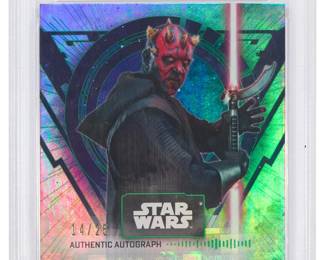 2102
Sam Whitmer Green Darth Maul 2022 Star Wars Signature Series #SW Signed Topps Card
Edition 14/25
Gem MT Grade 10 card autographed by Sam Whitwer, encased in a plastic mount and with PSA Authentication number 64976172
Case: 5" H x 3.125" W
Estimate: $100 - $200