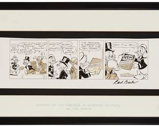 2089
Carl Barks
(1901-2000)
"Scrooge McDuck" comic strip, 1969
Pencil, ink, and Zipatone on paper
Signed in ink in the lower margin, at right: Carl Barks; with the Walt Disney Production and King Features Syndicate copyright information affixed to the image
Image: 5" H x 18" W; Sheet: 6.5" H x 21.125" W (irreg.)
Estimate: $500 - $700