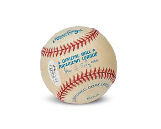 2049
Al Kaline Signed Rawlings Official American League Baseball
The game-worn baseball with signature and number 3007 in blue ink
3" Dia.
With Certificate of Authenticity issued by JSA/James Spence Authentication, Parsippany, NJ, numbered R17159, with matching label attached to ball.
Estimate: $300 - $500