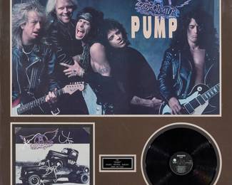 2079
Aerosmith Framed Autographed "Pump" Album & Memorabilia
Released circa 1989
Titled to plaque: "Pump" 1989 / Kramer - Whitford - Hamilton - Perry and Tyler
With "Pump" album cover signed by band members in silver metallic ink, LP record, and Geffen Records poster, all professionally mounted and framed under Plexiglas
Frame: 48.5" H x 45" W x 1" D
Estimate: $400 - $600
