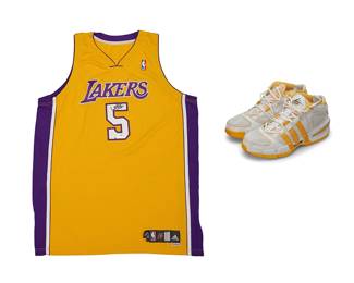 2008
Jordan Farmar 2006-2007 Lakers 5 Game Worn Jersey
Comprising a 2006-2007 Farmer yellow jersey with autograph to front number in black ink, together with a pair of Adidas yellow and white Sample shoes, with autograph to left shoe tongue and to right shoe ankle
3 pieces
Jersey: Size 50; Shoes: Size 11
The jersey with PSA/DNA label to front, issued by PSA/DNA Authentication Services, No. G78960.
Estimate: $200 - $400