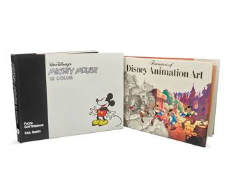 2088
Floyd Gottfredson and Carl Barks (1905-1986 and 1901-2000)
"Mickey Mouse in Color," 1988
Hardcover book
Gottfredson, Floyd and Carl Banks, "Walt Disney's Mickey Mouse in Color: The Art of Floyd Gottfredson and Carl Barks," Prescott, AZ: Another Rainbow Publishing Inc., 1988
Edition: 2362/3000
Signed by both authors
Sold together with:
Rawls, Walton (ed.), "Treasures of Disney Animation Art," New York: Abbeville Press, 1982
Mickey: 12.875" H x 17" W x 1.125" D; Treasures: 12.125" H x 15.625" W x 1.5" D
Estimate: $300 - $500