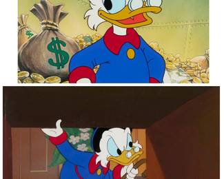 2097
Two hand-painted animation cels from the Walt Disney television series "DuckTales"
Two works:
Carl Barks (1901-2000)
Scrooge McDuck surrounded by money
Hand-painted animation cel
Signed in the upper right quadrant: Carl Barks; with the silver Walt Disney certification seal in the lower right corner
Sight: 7.75" H x 10" W
Scrooge McDuck
Hand-painted animation cel
Appears unsigned; with the silver Walt Disney certification seal in the lower right corner
Sight: 8.375" H x 11.375" W
Estimate: $300 - $500