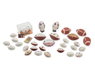 2059
A Large Group of Rose Bowl College Game Commemorative Footballs and Ephemera
Circa 2003-2019
Each from various years and college teams comprising twenty miniature footballs from 2003-2019, together with nine full size footballs, each with various logos and images including 2004, 2006, 2008, 2011 (97th Rose Bowl game), a 2010 National Championship ball, and a ball commemorating the NFF and David M. Davis 59th Annual Awards Dinner, December, 2016 at the Waldorf Astoria, NY, NY, as well as a 91st Rose Bowl commemorative Michigan/Texas football, January 1, 2005, signed by Bo Schembechler, Darrell Royal, and Mack Brown, with a custom display case, and with an accompanying 91st Rose Bowl ticket, encased in an acrylic slab, as well as a photo of the trophy presentation
32 pieces approximately
Largest ball: 6" H x 11.5" W; Smallest: 4" H x 6.5" W; Ticket case: 8" H x 4.5" W x 0.875" D
Estimate: $600 - $800