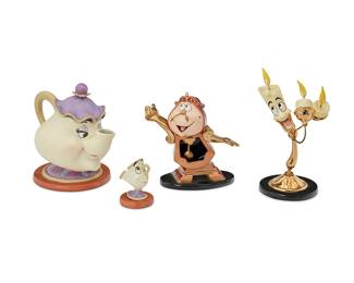 2110
Walt Disney Classics Collection Figurines from Disney's "Beauty and the Beast"
Circa 1998
Three works comprising various painted porcelain characters including Lumiere "Vive L'amour!" candelabra figure, Cogsworth "Just in Time" pendulum clock figure, and Mrs. Potts and Chip "Good Night, Luv." teapot and chipped cup figures, each marked with pickaxe icon to base for 1998, and each with Certificate of Authenticity and original box, 4 pieces
Lumiere: 5.375" H x 3" W x 2" D; Cogsworth: 4.125" H x 4.25" W x 2" D; Mrs. Potts: 4.25" H x 3.25" W x 4.5" D; Chip: 2" H x 1.5" Dia.
Estimate: $150 - $200