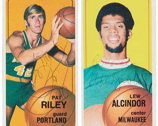 2031
Two Autographed Basketball Cards: Riley & Abdul-Jabbar
Circa 1960s-1970s
Comprising a signed Pat Riley "Portland: guard" card and a Lew Alcindor/Kareem Abdul-Jabbar "Milwaukee: center" card, signed Abdul-Jabbar
2 pieces
Each: 4.625" H x 2.5" W
Estimate: $500 - $700