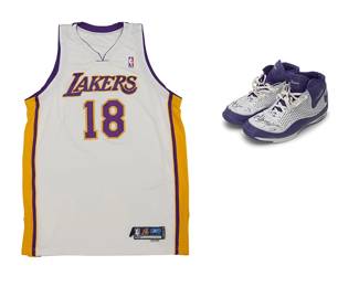 2009
Sasha Vujacic Lakers 2004-2005 Game Worn Alternate Rookie Jersey
Comprising a white and yellow Reebok jersey, together with a pair of white and purple shoes, each shoe autographed to toe box in black Sharpie
3 pieces
Jersey: Size 50 + 4 length; Shoes: size 14
Jersey accompanied by a Letter of Authenticity from Dan Ceniceros, D.C. Sports Collectibles, Los Angeles, CA
Estimate: $200 - $400