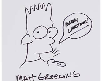 2093
An original Bart Simpson sketch by Matt Groening
Bart Simpson wishing a 'Merry Christmas!'
Ink on glossy paper
Signed, dated, and inscribed in ink along the lower edge: Matt Groening / 2016 / "JFK"; with the Hologram tag number from InPersonAuthentics: 10010467
Sheet: 11" H x 8.5" W
Estimate: $300 - $500
