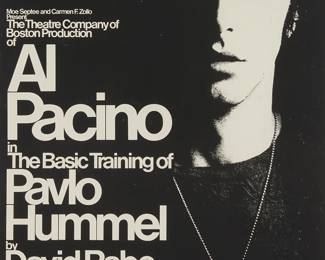 2076
An original poster of "Al Pacino in: The Basic Training of Pavlo Hummel"
Offset lithograph on poster paper
From the edition of unknown size and date
Appears unsigned
Sight: 21.75" H x 13.75" W
Estimate: $200 - $300