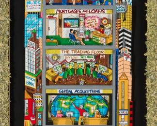 2057
Charles Fazzino
(b. 1955)
"Makin' Millions in Manhattan"
3-D screenprint and mixed media on black museum board, in a mount with portions designed by the artist
Edition: 65/75 PR (there was also an edition of 100 and 75 DX, all on white museum board)
Signed, titled, and numbered in silver ink in the lower margin: Charles Fazzino
Image: 28" H x 7" W; Sight: 30" H x 9" W; Sight of textured inner mount: 31.25" H x 10.25" W
Estimate: $500 - $700
