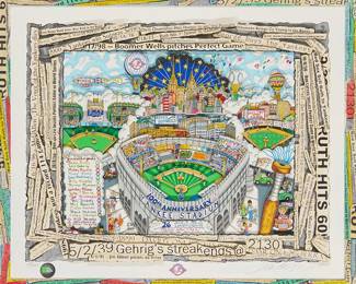 2056
Charles Fazzino
(b. 1955)
"Yankees Celebrating 100 Years," 2003
3-D screenprint and mixed media on white museum board, in a mount with portions designed by the artist
Edition: 14/250 (there was also an edition 300DX)
Signed and numbered in pencil in the lower margin: Charles Fazzino
Image: 15.5" H x 20" W; Sight: 18" H x 22" W; Sight of colored inner mount: 19.25" H x 23.375" W
Estimate: $500 - $700