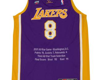 2005
Kobe Bryant 2001 All-Star Autographed Embroidered Purple Jersey
Edition 19/108
The purple jersey featuring embroidered 2001 Washington, D.C. All-Star game details and statistics, with signature and number to front in black ink, with Upper Deck box
2 pieces
Size 46 + 4 length
Accompanied by a Certificate of Authenticity issued by Upper Deck Authenticated, numbered BAH08475, with matching holographic tag to item.
Estimate: $1,500 - $2,000