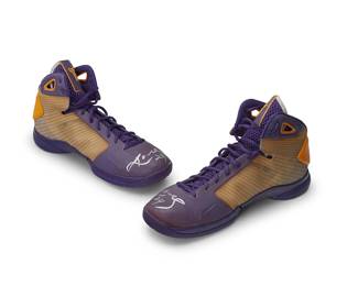 2013
Kobe Bryant 2007-2008 Game Worn Home Autographed Nike Hyperdunk Promo Sample Shoes
A pair of Nike Promo Sample shoes in purple and yellow, each with "24" and signature in silver metallic ink to toe box
2 pieces
Size: M 14 #
Accompanied by a Letter of Authenticity from Dan Ceniceros, D.C. Sports Collectibles, Los Angeles, CA
Estimate: $2,000 - $3,000