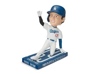 2042
A Shohei Ohtani "50/50" bobblehead figurine 2025
From the May 15, 2025 Dodger game versus the Athletics, commemorating the day that Ohtani became the first MLB player to ever hit 50 home runs and steal 50 bases in the same season (2024), housed in original box with plastic forms
Figure: 5.75" H x 5.5" W x 2.875" D; Box: 6.875" H x 6.5" W x 3.625" D
Estimate: $100 - $200