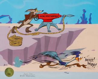 2116
Chuck Jones
(1912-2002)
"Acme Harpoon Gun" featuring Wile E. Coyote and Road Runner, two classic Warner Bros. cartoon characters from the 'Looney Tunes' series
An offset lithograph in colors, with a hand-painted animation cel overlay
Edition: 495/750
Signed and numbered in ink along the lower edge: Chuck Jones; with an official Linda Jones hologram sticker, lower left
Sight: 12.5" H x 16" W
Estimate: $200 - $300