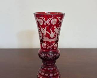 Bohemian Cranberry Glass Vase with Dragon Etching