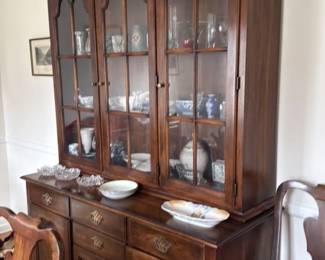 Antique Walnut China Cabinet with Glass Doors and Drawers