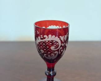 Antique Bohemian Cranberry Glass Wine Goblet