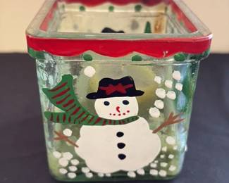 Hand Painted Glass Snowman Candle Holder