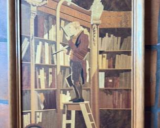 Marquetry Inlaid Wood Panel Depicting a Scholar Reading