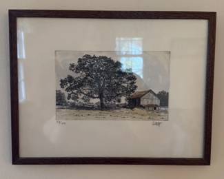 Framed Etching of a Tree and Barn