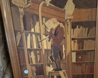 Marquetry Inlaid Wood Panel Depicting a Scholar Reading